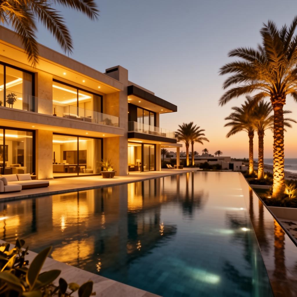 Luxury villa with infinity pool at dusk
